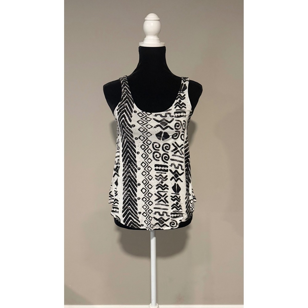 Elodie Womens XS Tribal Print Tank Top‎ Boho Sleeveless Flowy Black White